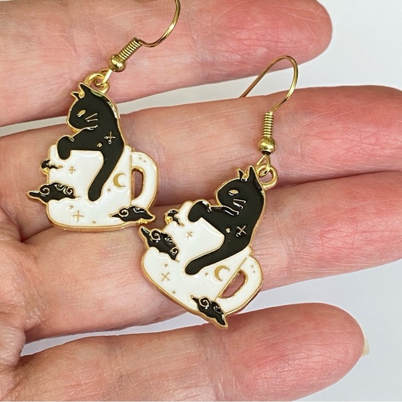 Cat Lady Dangle Pierced Earrings Kitty In Coffee Mug Silver Tone - Picture 2 of 6